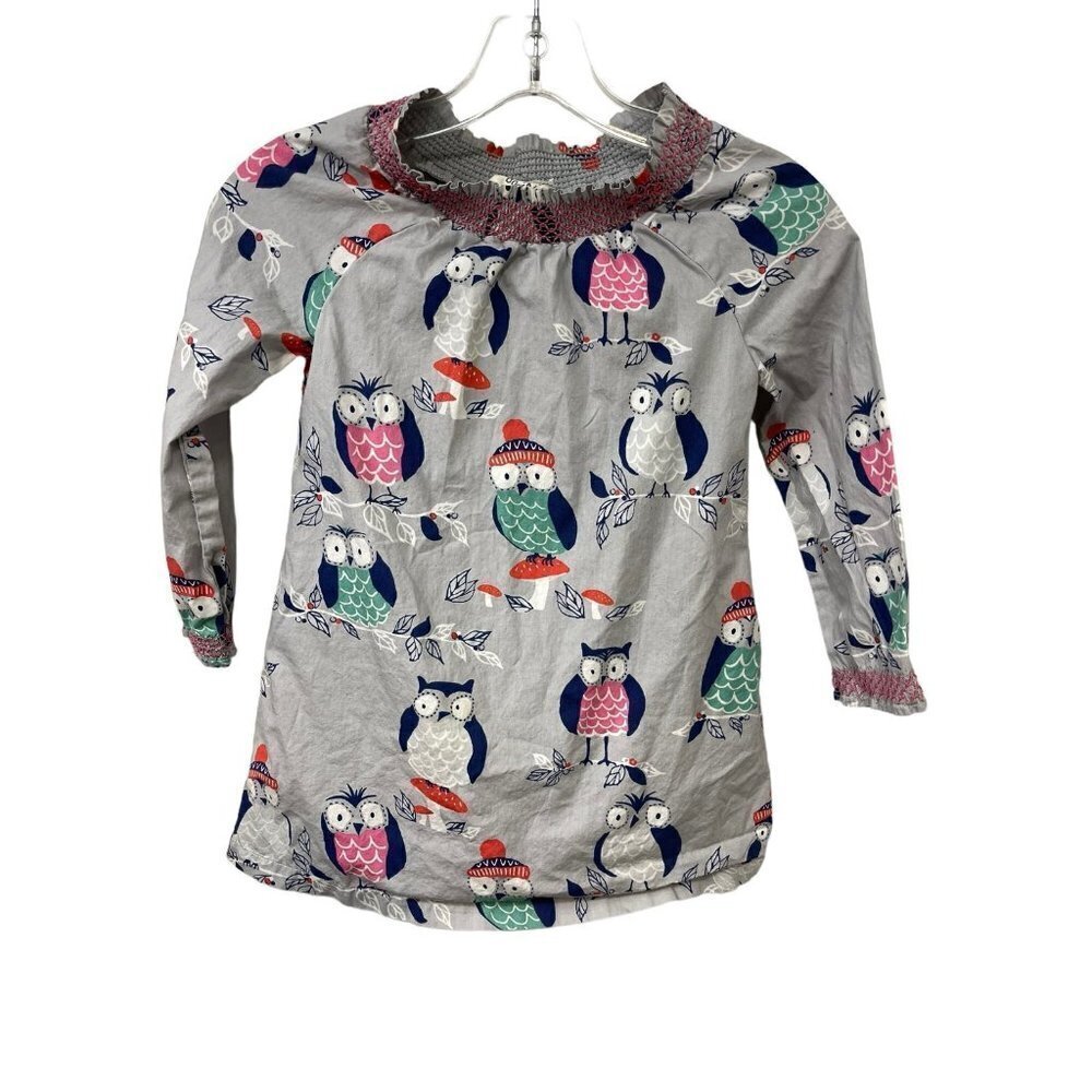Mini Boden Owl Print Smocked Tunic Dress Size 5-6 Years